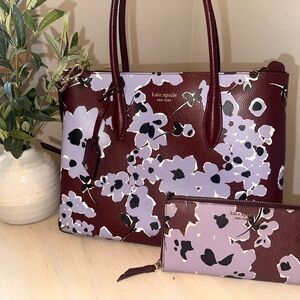 Kate Spade Burgundy and Lavender Floral satchel and matching wallet